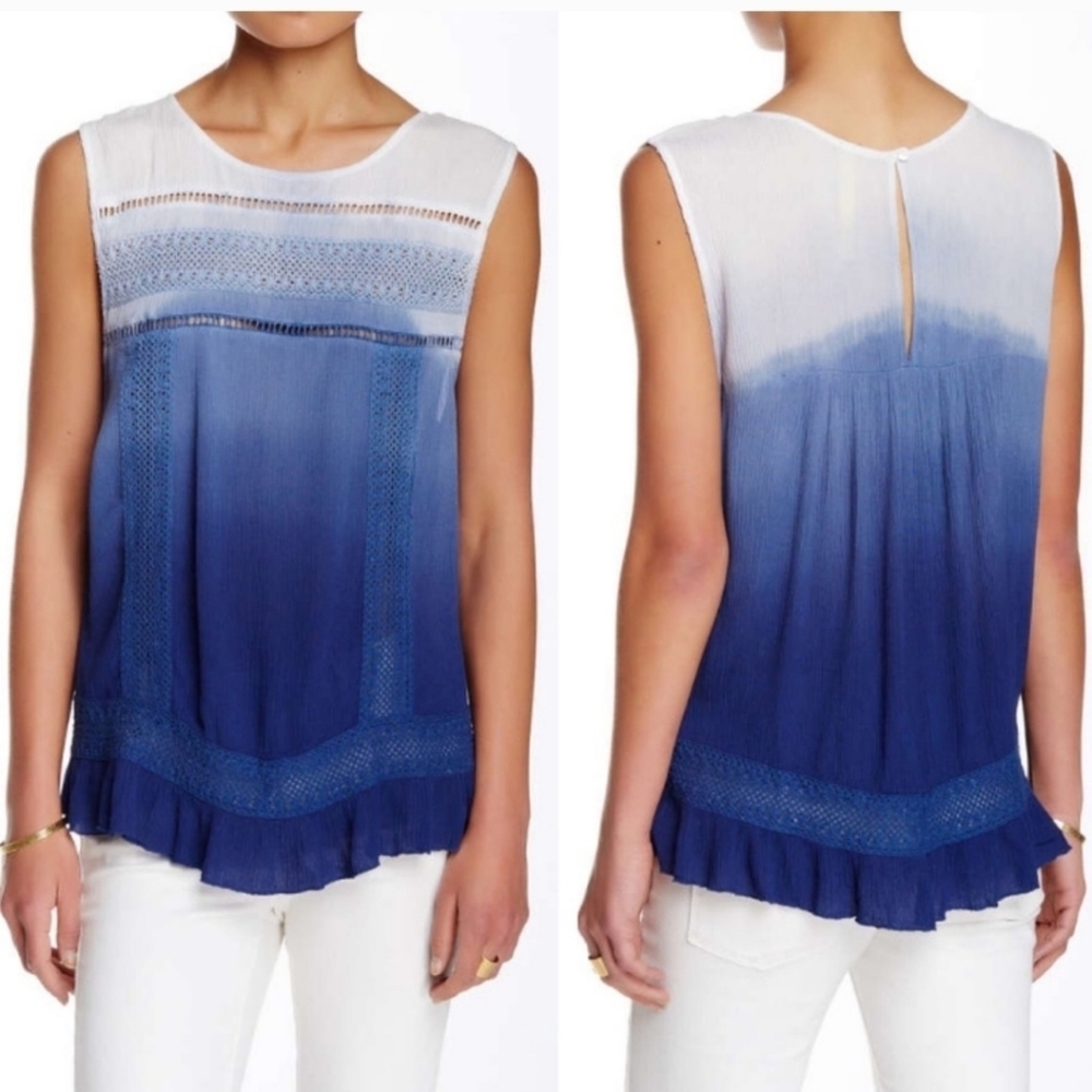 🩷 Green Dragon 100% Rayon Sleeveless White Blue Ombre Fade Lace Inset Tank Top